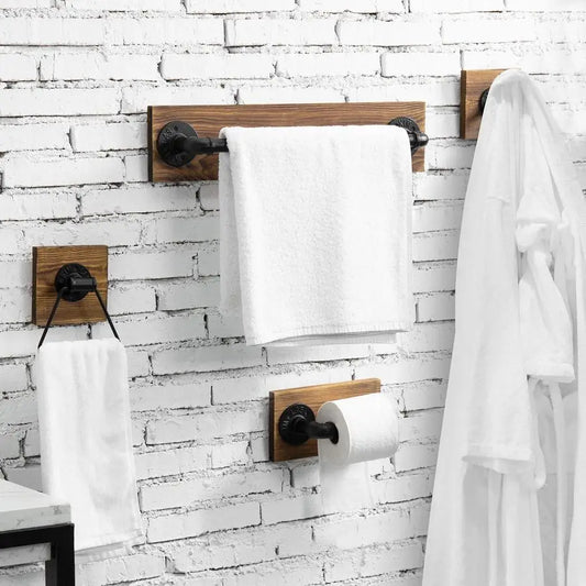 4 Piece Wood With Black Pipe Bathroom Set