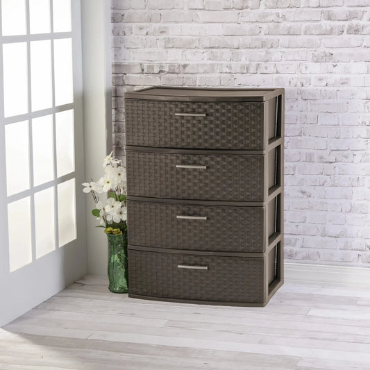 4-Drawer Wide Weave Tower with Plastic Storage Drawers used for Office & Organization