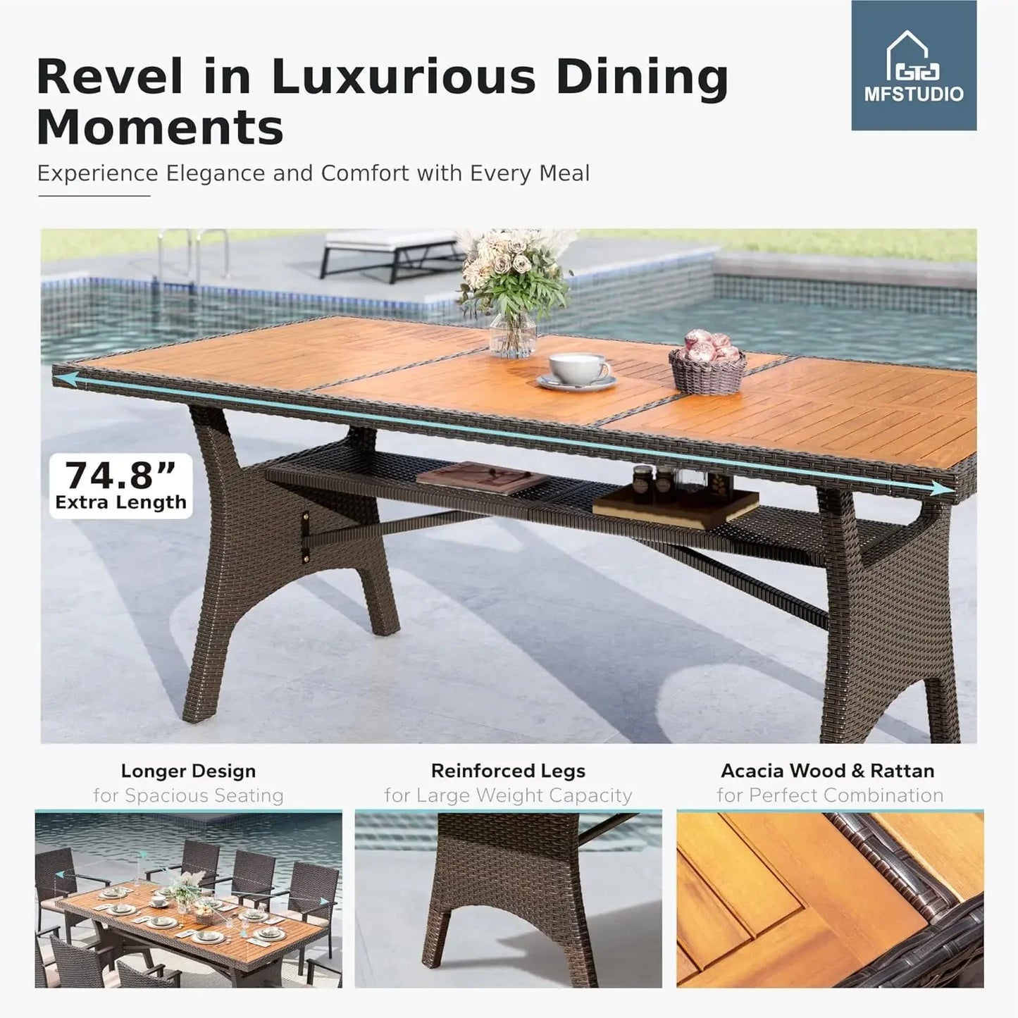 Outdoor 74"rectangular patio Set which seats 8 with table