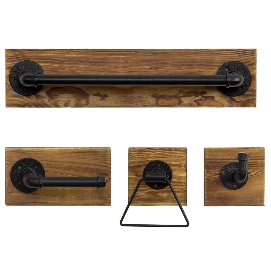 4 Piece Wood With Black Pipe Bathroom Set