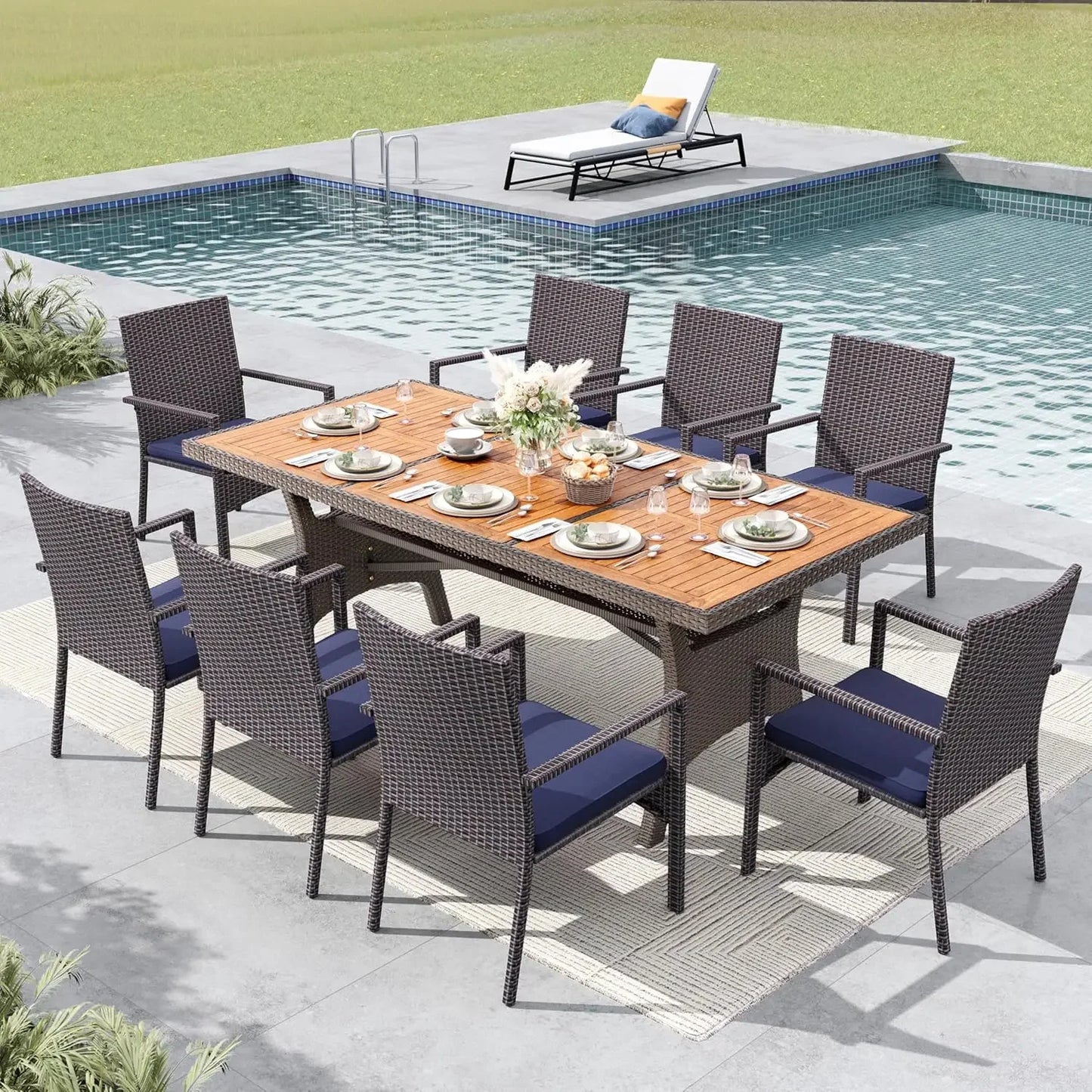 Outdoor 74"rectangular patio Set which seats 8 with table