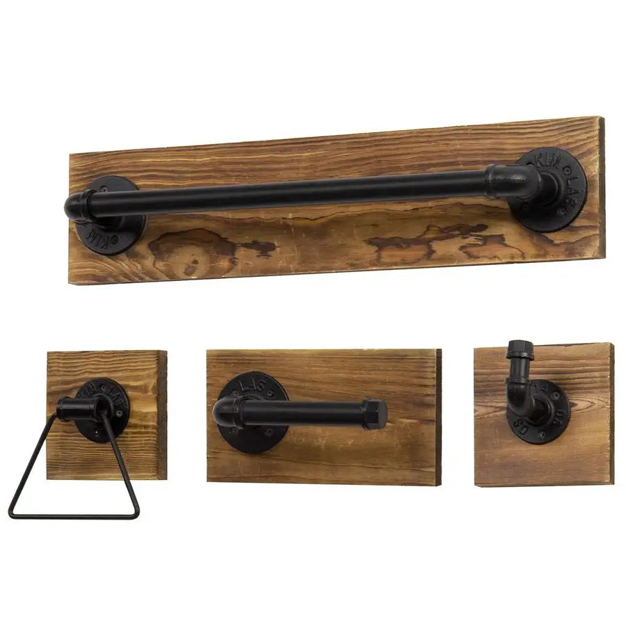 4 Piece Wood With Black Pipe Bathroom Set
