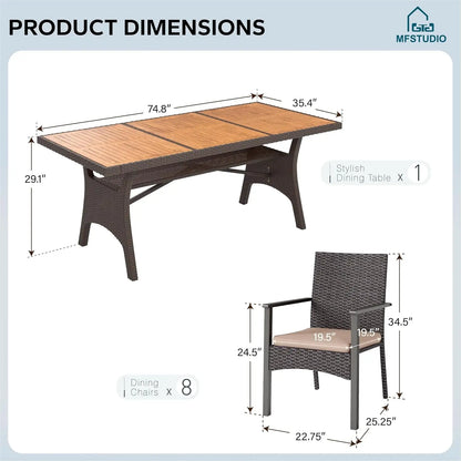 Outdoor 74"rectangular patio Set which seats 8 with table