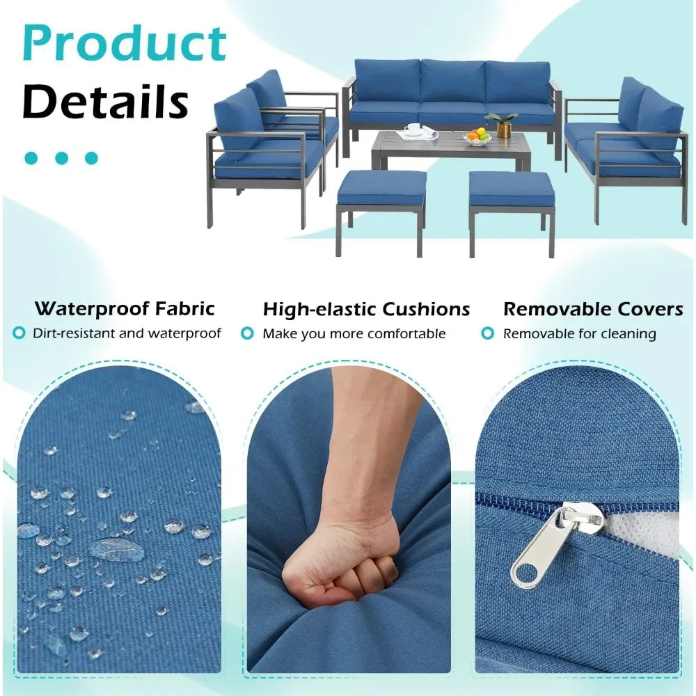 Seven piece aluminum patio furniture set with a coffee table