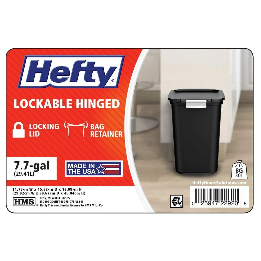 Locking Lid Trash Can 7.7 Gallon Plastic Waste Container with Carry Handle and Bag Retainers Perfect Kitchen and Bathroom