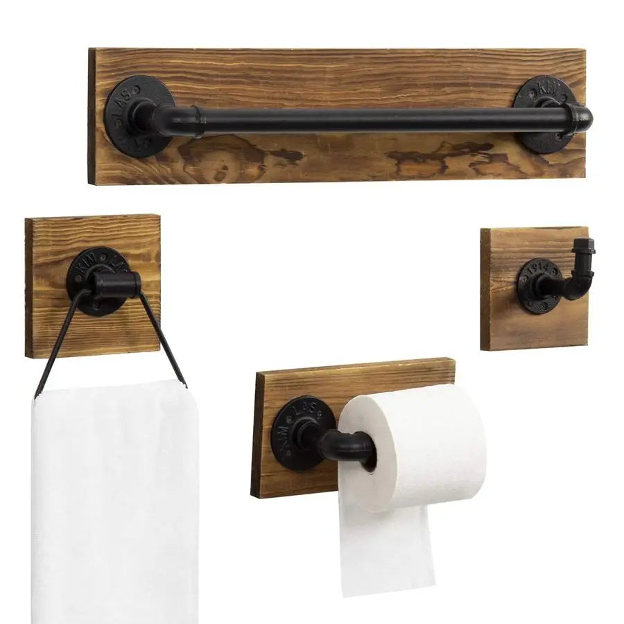 4 Piece Wood With Black Pipe Bathroom Set