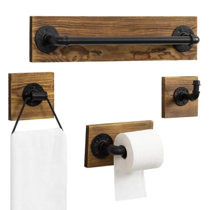 4 Piece Wood With Black Pipe Bathroom Set