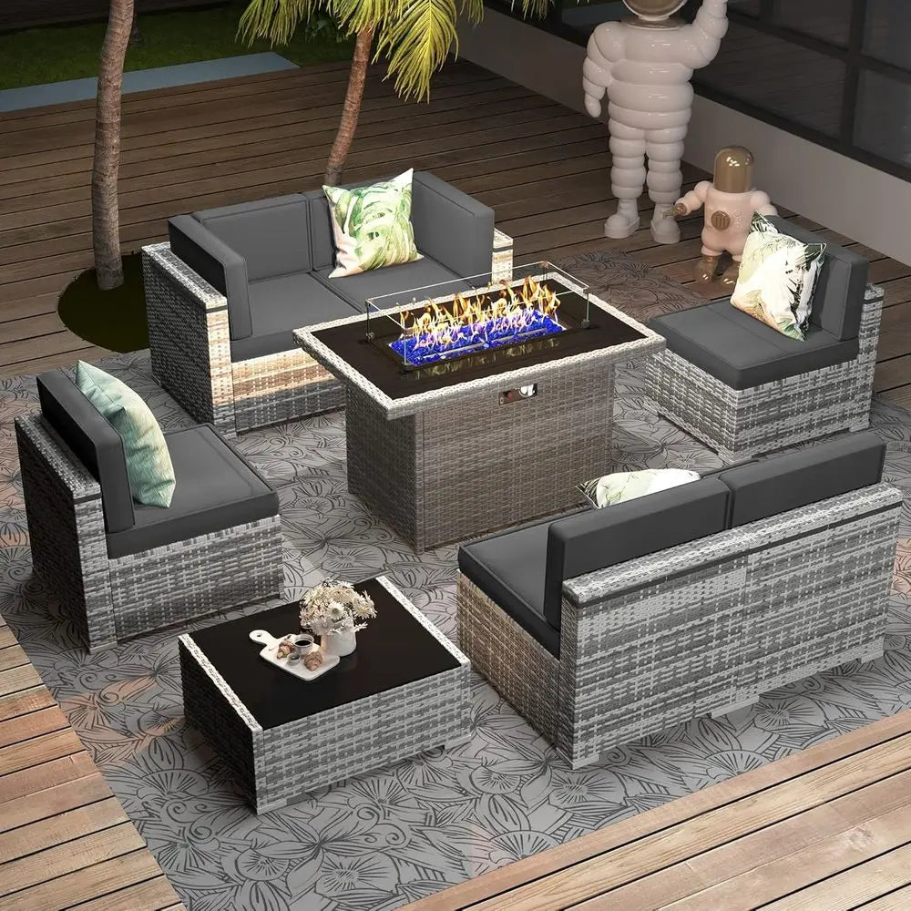 8-Piece Outdoor Wicker Sofa Set With Fire Table