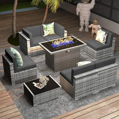 8-Piece Outdoor Wicker Sofa Set With Fire Table