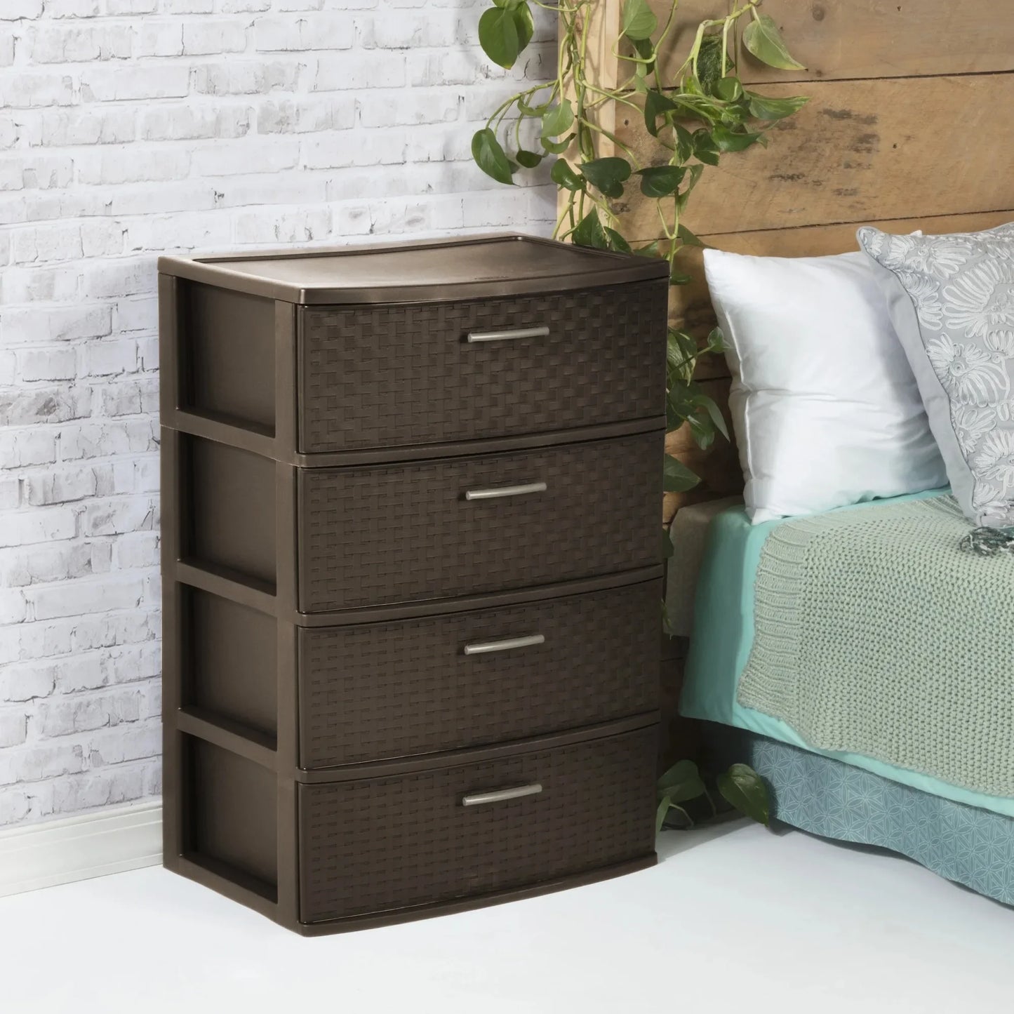 4-Drawer Wide Weave Tower with Plastic Storage Drawers used for Office & Organization