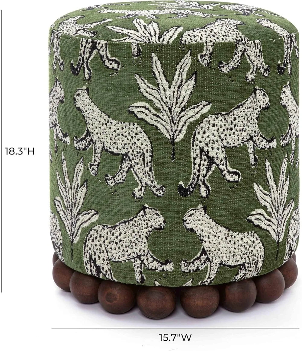 Olive Green Leopard Jacquard Ottoman