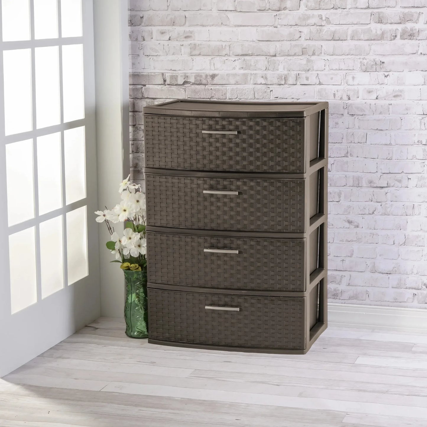 4-Drawer Wide Weave Tower with Plastic Storage Drawers used for Office & Organization