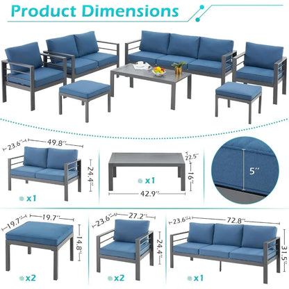 Seven piece aluminum patio furniture set with a coffee table