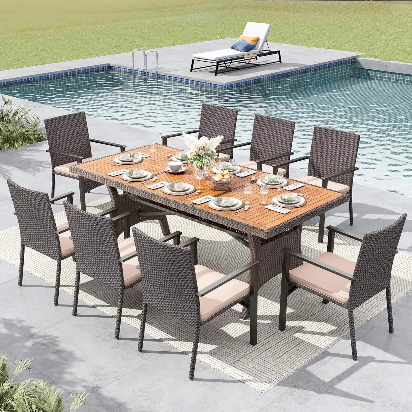 Outdoor 74"rectangular patio Set which seats 8 with table