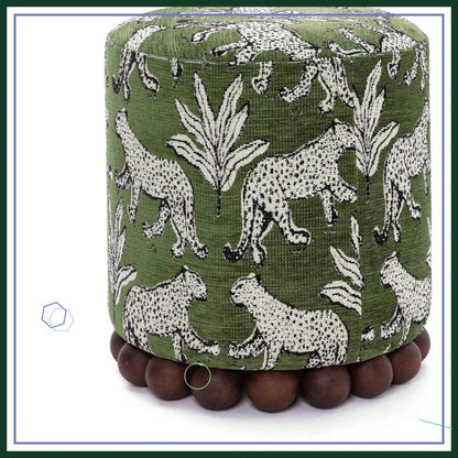 Olive Green Leopard Jacquard Ottoman