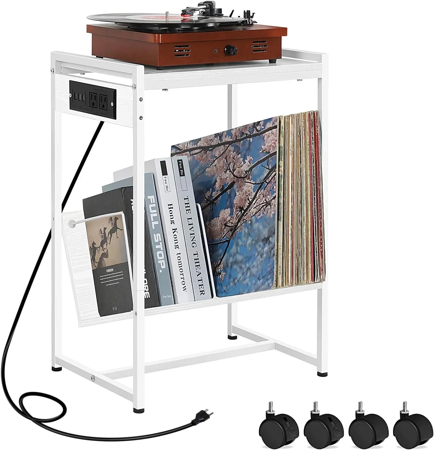 Record Player Stand with charging stations.